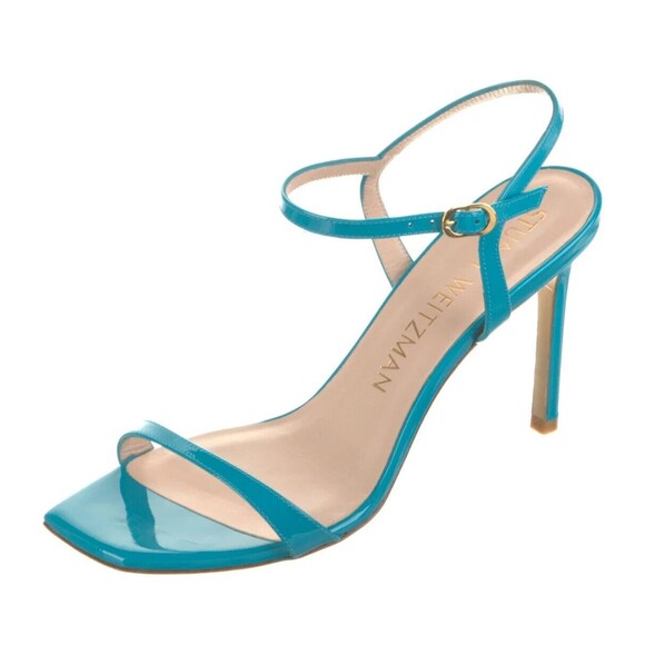 PRE-OWNED DESIGNER STUART WEITZMAN PATENT LEATHER BLUE ANLE STRAP SANDAL'S 8.5 M - Picture 7 of 13